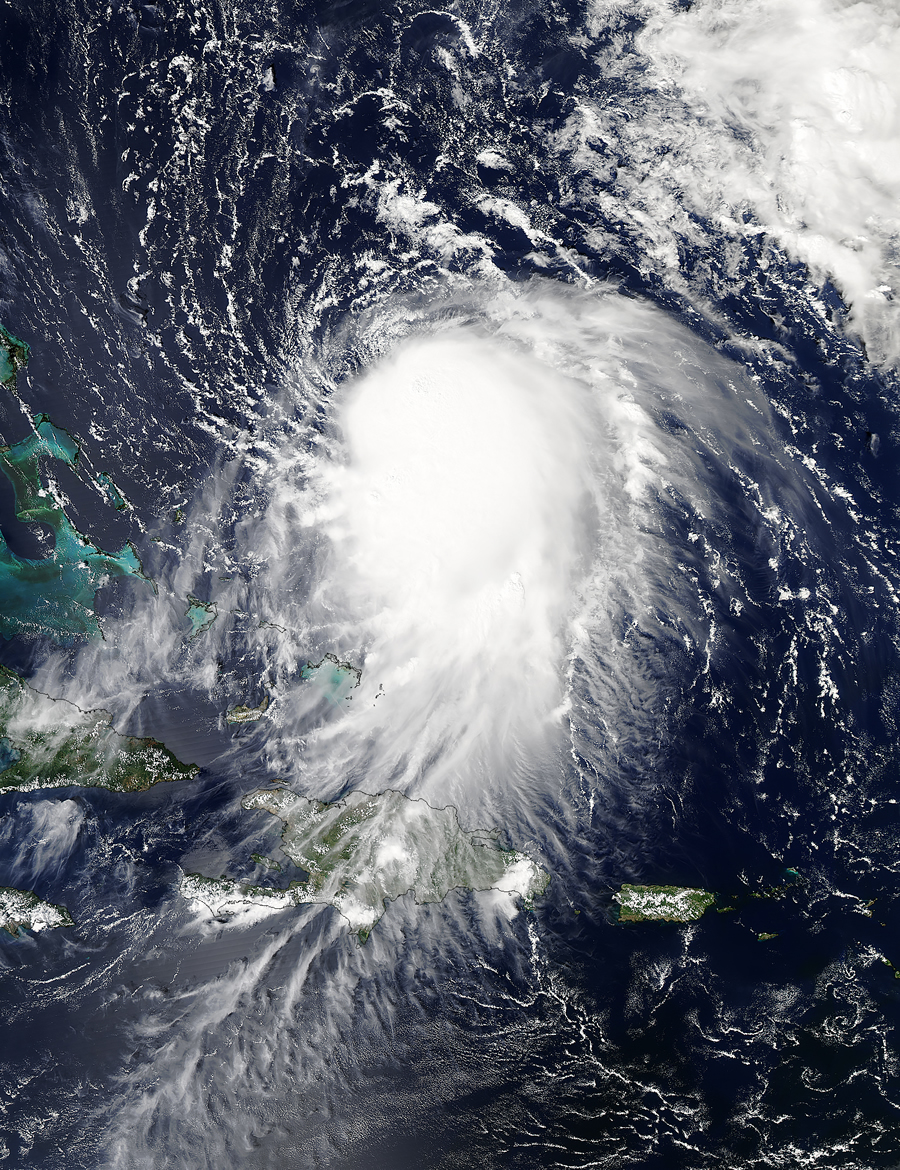 This image was taken September 29, 2015, the day before Tropical Storm Joaquin turned into a hurricane. Haiti and the Dominican Republic are at the bottom of the image. Image courtesy of NASA Earth Observatory.