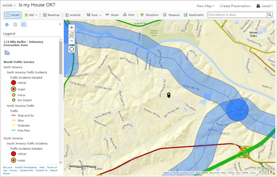 A voluntary evacuation was called within one-fourth of a mile of the Lexington County side of the banks of the Congaree and Saluda Rivers. To find out if his house was in the zone, Shoultz created a quarter mile buffer around a hydrology layer in ArcGIS Online.