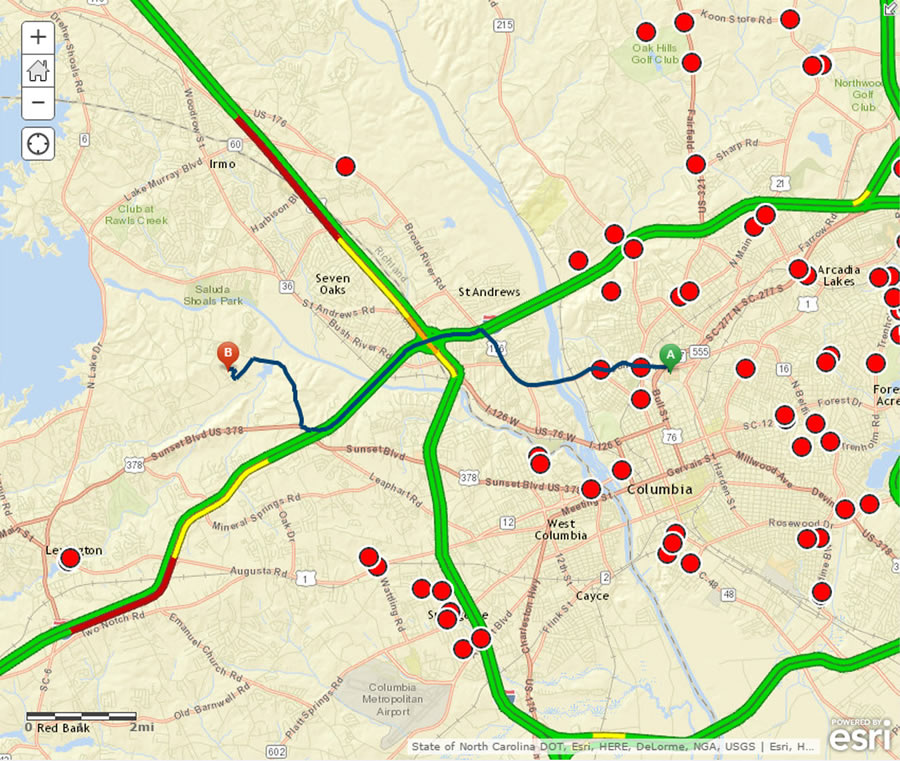 To help his wife navigate safely through the flooded city, Shoultz overlaid live traffic feeds and generated the default route from the hospital to their home in Lexington. He needed to help her avoid road closures and other problems, marked in red on this map.