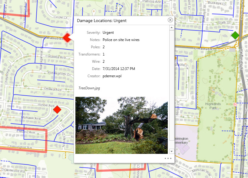 ArcGIS can be used to inspect damage to utility assets such as power poles. Field crews use Collector for ArcGIS to collect photos and other information about storm damage right where it happens.