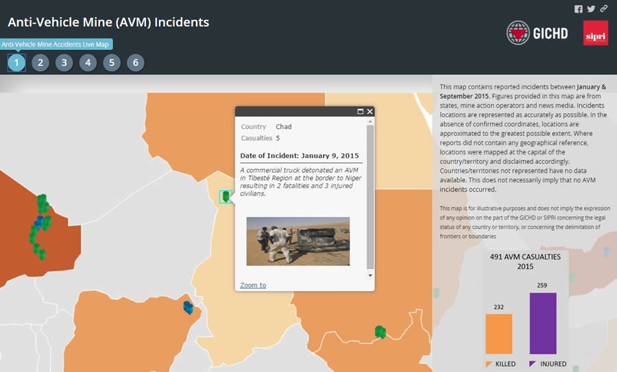The Geneva International Centre for Humanitarian Demining created this online map with pop ups that show where anti-vehicle mine explosions occurred, how many people were killed or injured, and the date of the incidents.