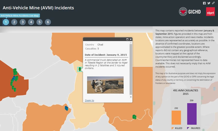 The Geneva International Centre for Humanitarian Demining created this online map with pop ups that show where anti-vehicle mine explosions occurred, how many people were killed or injured, and the date of the incidents. The Geneva International Centre for Humanitarian Demining created this online map with pop ups that show where anti-vehicle mine explosions occurred, how many people were killed or injured, and the date of the incidents.