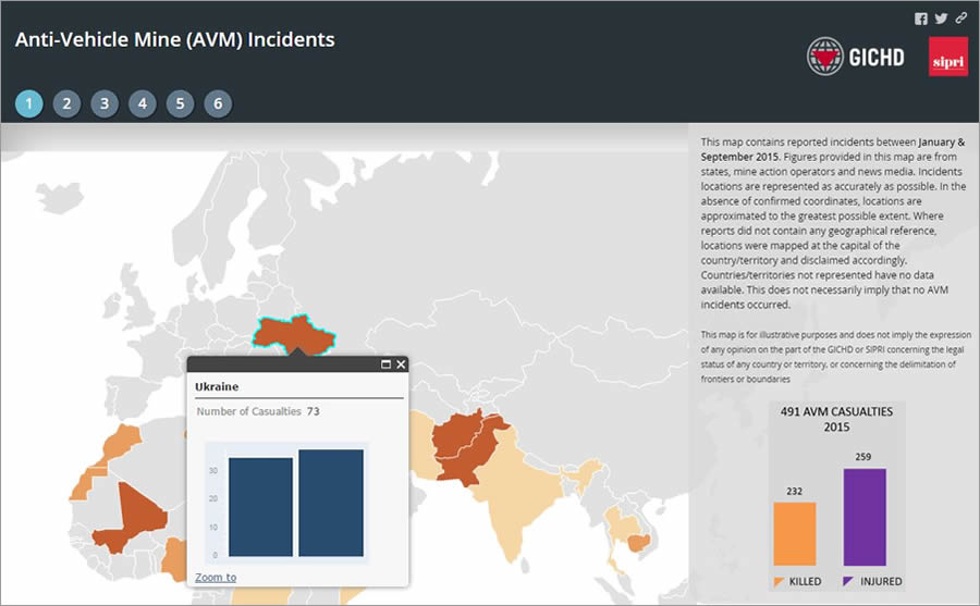 Another map documents the number of casualties caused in each country by anti-vehicle mine explosions.