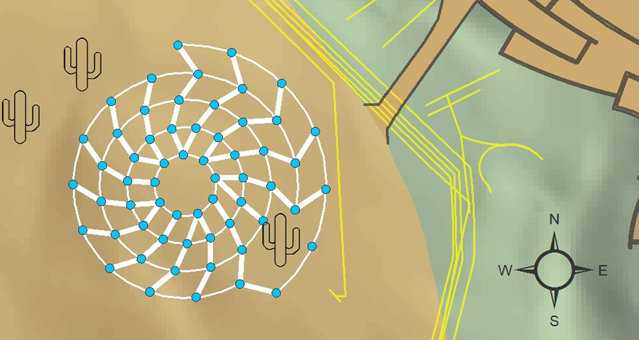 Layout specifications for the Bruce Munro Water-Towers installation were converted to a scale model in ArcGIS Desktop's ArcMap application in order to select the best location for the exhibit with respect to saguaro root zones, topographic features, and underground utilities.