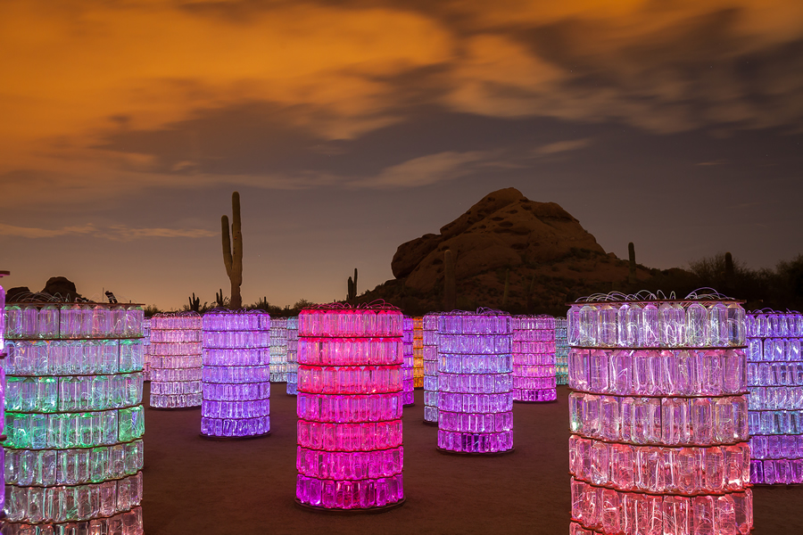The Bruce Munro Water-Towers exhibit at Desert Botanical Garden was created using stacked water bottles and fiber optics. (Photo by Adam Rodriguez.)
