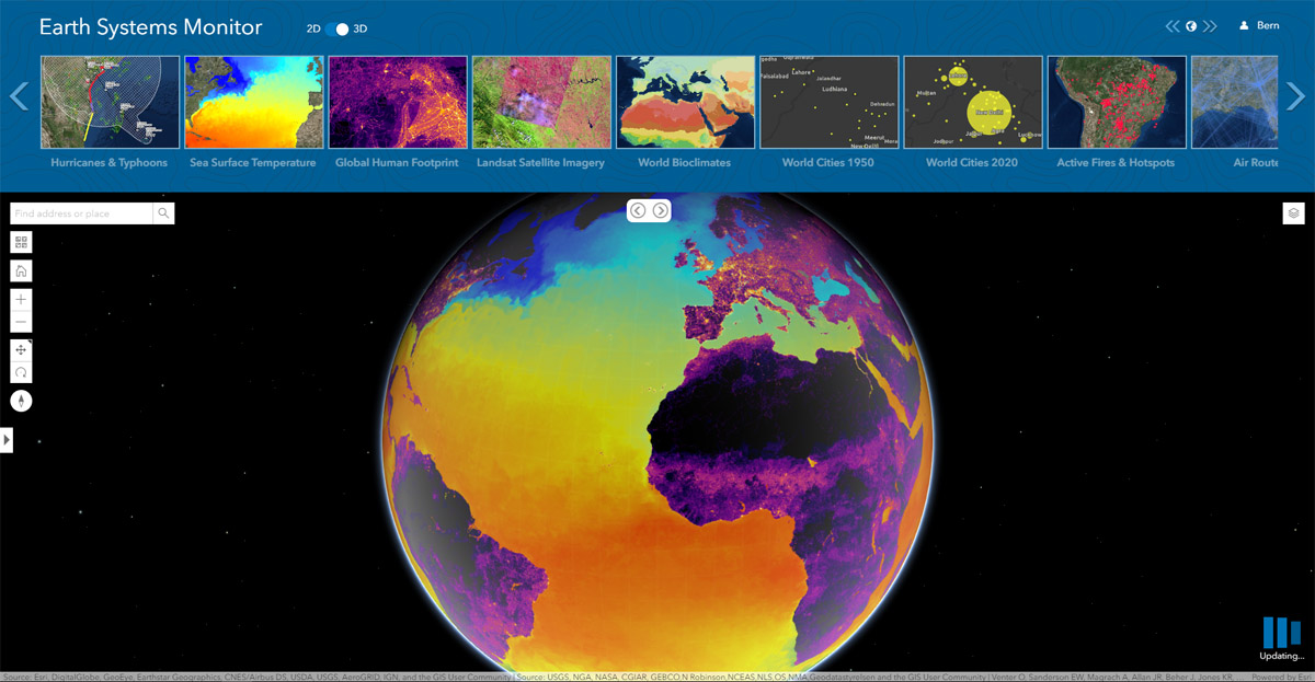 The new Earth Systems Monitor app, powered by Living Atlas data, showing Sea Surface Temperature.