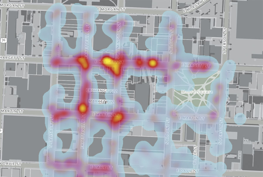 This heat map, which displays litter data collected using Litter Reporter, resulted in two additional solar-powered trash compacting units being placed at the corner of Hargett and Wilmington streets, where high densities of litter were recorded.