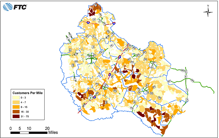 Customer density maps revealed where Farmers Telephone Cooperative needed to prioritize its fiber-to-the-home construction. Customer density maps revealed where Farmers Telephone Cooperative needed to prioritize its fiber-to-the-home construction.