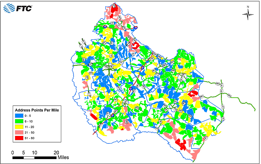 Maps of address points per mile offered an additional perspective on fiber-to-the-home construction and enabled Farmers Telephone Cooperative to efficiently target marketing campaigns as new network services became available.