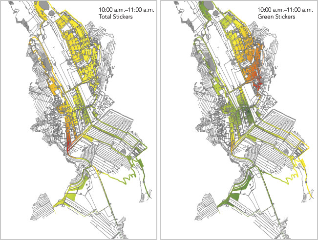 The research team produced a raster heat map that shows congestion around Machu Picchu at different times based on actual numbers of visitors.