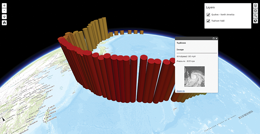 The 3D scene viewer allows you to easily interact with a scene published by ArcGIS Pro or create 3D scenes using your own layers, either hosted in ArcGIS Online or on ArcGIS for Server, such as terrain and elevation layers.