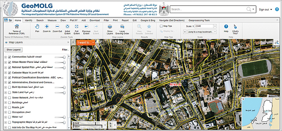 GeoMOLG, pictured here, is a straightforward web mapping application that has helped Palestine's Ministry of Local Government collect data about land use and management and connect data with other government departments, nongovernmental organizations, and academic institutions.