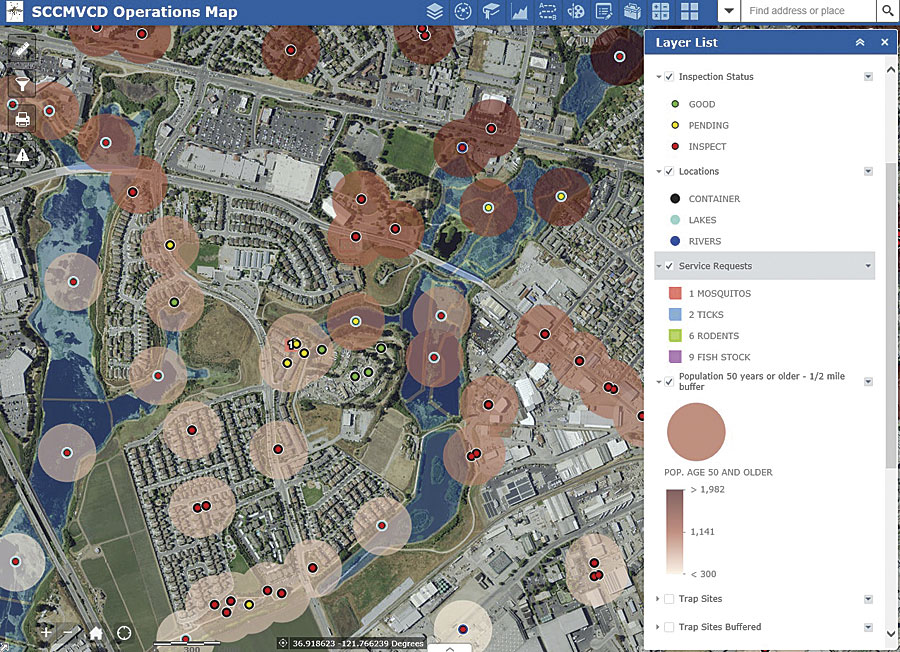 Santa Cruz County's Mosquito Abatement and Vector Control district now distributes site inspection status information via its Operations Map app.