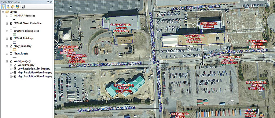 The addressing process is done in ArcGIS for Desktop. Users can see address labels, centerlines, street names, and the street ranges.