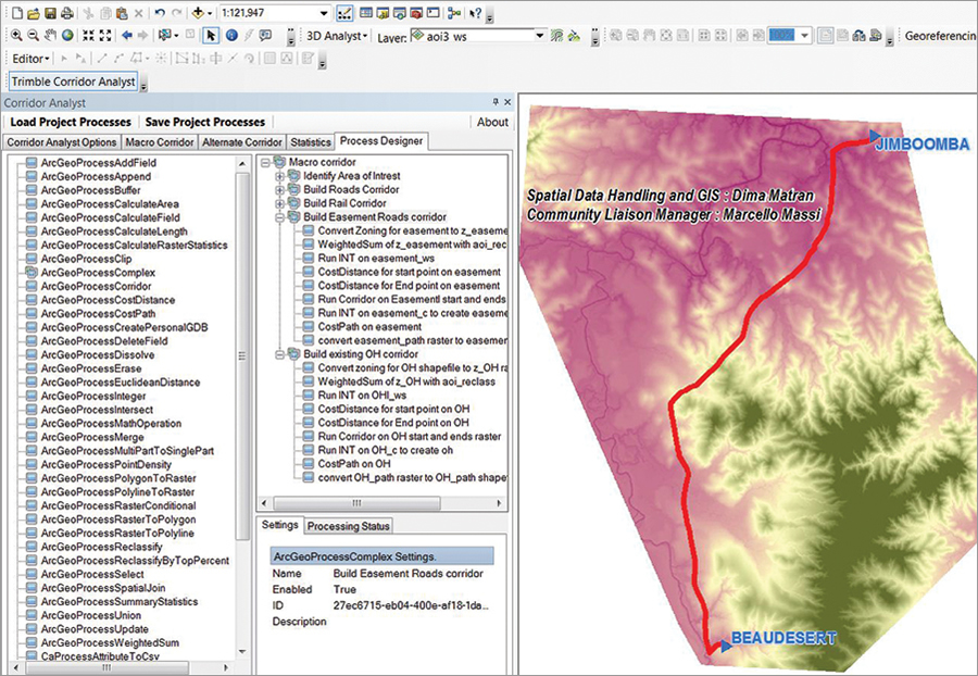 Trimble Corridor Analyst generates maps that show a corridor choice from environmental, technical, and social perspectives.