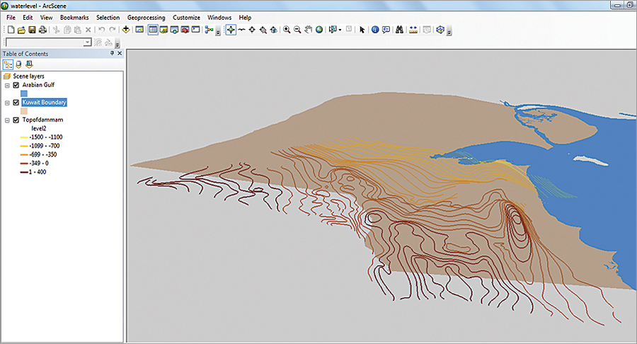 Dammam layer beneath the surface showing the slope toward the Arabian Gulf. Modeled by Eyad Ghatasheh Dammam layer beneath the surface showing the slope toward the Arabian Gulf. Modeled by Eyad Ghatasheh