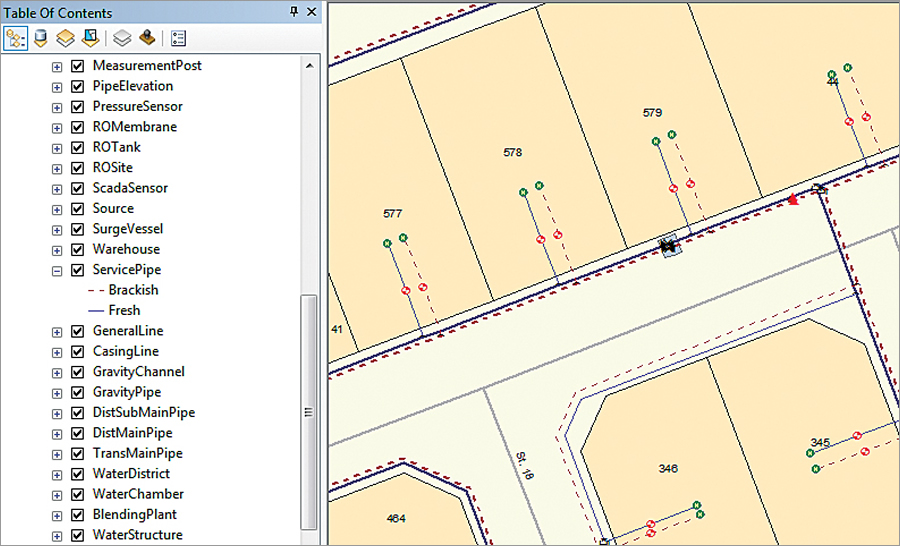 Water distribution network showing submain pipes and service pipes of fresh and brackish water. Provided by MEW Enterprise GIS System