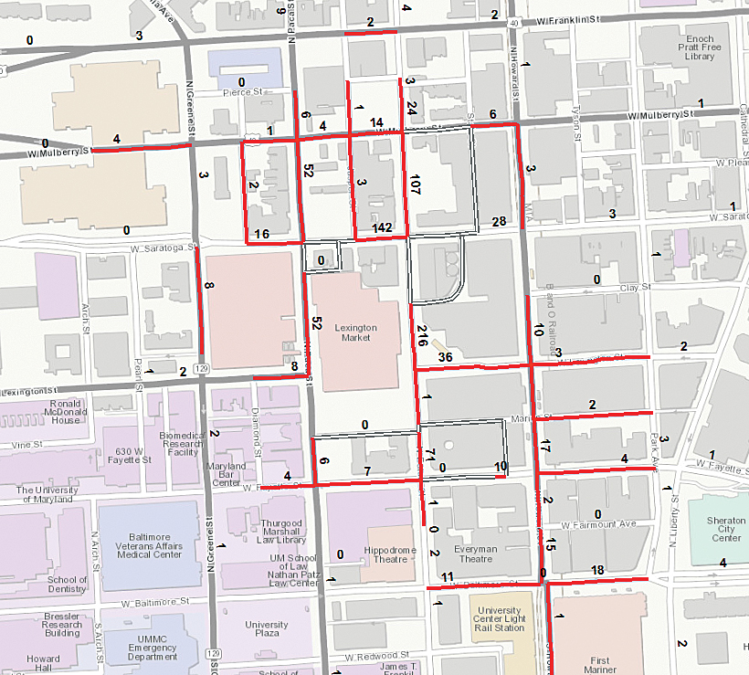 Spatially joining point data for arrests with street segments helps illustrate the concentration of drug arrests in a single year around Lexington Market, which has been declared ground zero in the war on crime by Baltimore's police commissioner. Data source: Open Baltimore, BPD Arrests