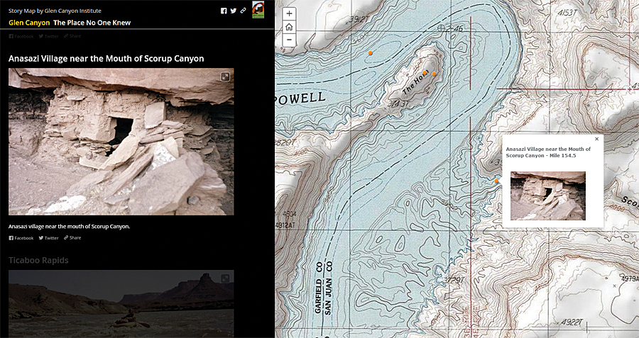 The Glen Canyon Institute used the Esri Story Map Journal application to create its story map, The Place No One Knew. The Glen Canyon Institute used the Esri Story Map Journal application to create its story map, The Place No One Knew.