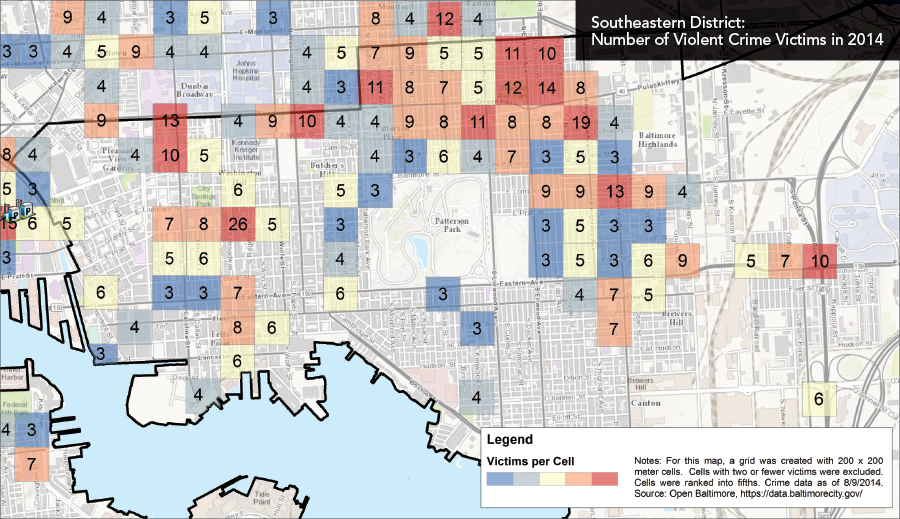 With the Fishnet tool, the number of crime victims can be summed for an area, classified, and labeled. Data for one of the gridded hot spots, McElderry Park, is being used not only to build relationships with the police but also to bolster development as a strategy for warding off crime. Data source: Open Baltimore, Part I Crime Data