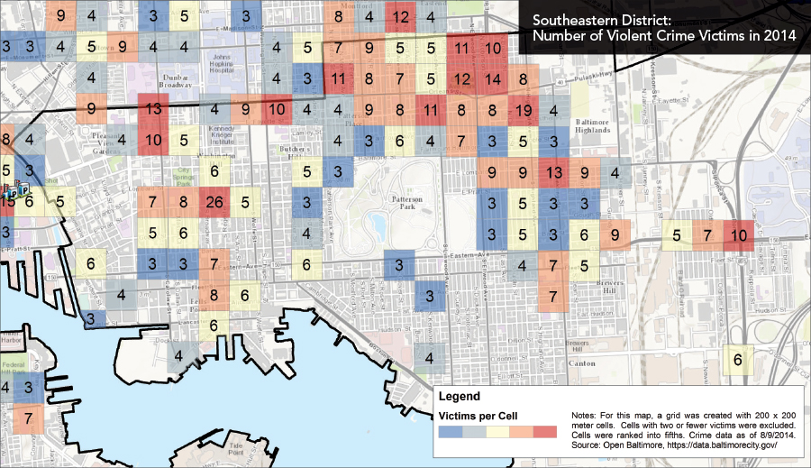 With the Fishnet tool, the number of crime victims can be summed for an area, classified, and labeled. Data for one of the gridded hot spots, McElderry Park, is being used not only to build relationships with the police but also to bolster development as a strategy for warding off crime. Data source: Open Baltimore, Part I Crime Data With the Fishnet tool, the number of crime victims can be summed for an area, classified, and labeled. Data for one of the gridded hot spots, McElderry Park, is being used not only to build relationships with the police but also to bolster development as a strategy for warding off crime. Data source: Open Baltimore, Part I Crime Data