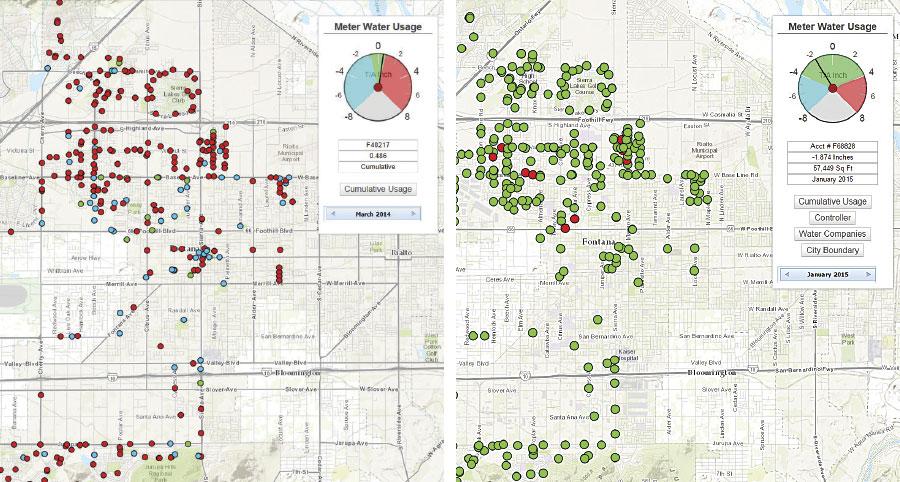 Once the Fontana Public Works Department mapped out its sprinkler data, it could see which sprinklers were overwatering (red) and which ones were within budget (green). These two images show sprinkler data from before the mapping project began (left) and after it was completed (right). Once the Fontana Public Works Department mapped out its sprinkler data, it could see which sprinklers were overwatering (red) and which ones were within budget (green). These two images show sprinkler data from before the mapping project began (left) and after it was completed (right).