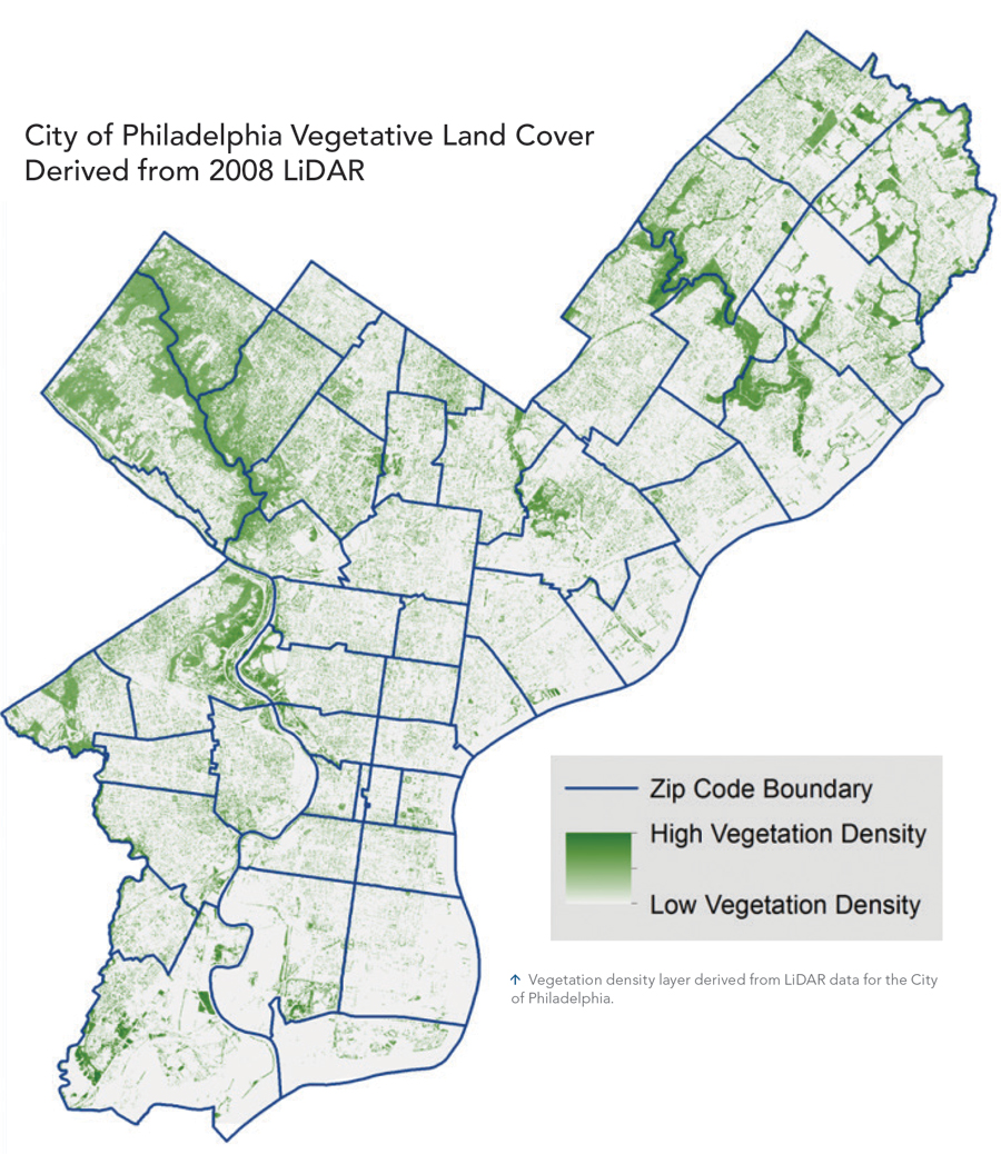 Vegetation density layer derived from LiDAR data for the City of Philadelphia.