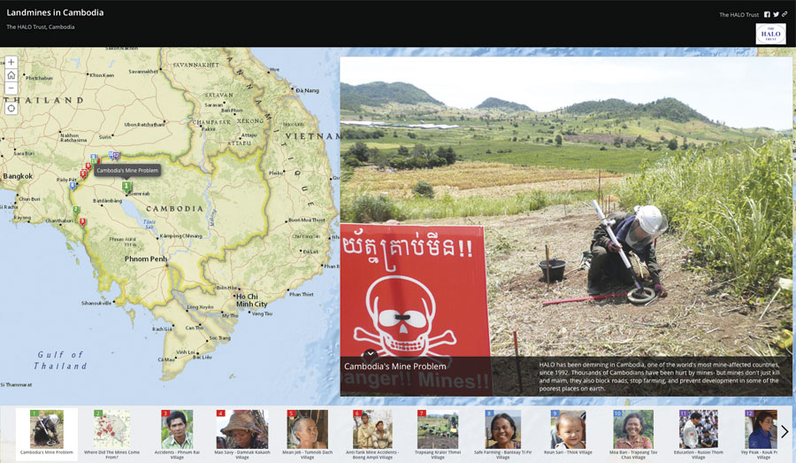 Clicking on the thumbnails at the bottom of the Story Map Tour takes viewers to more specific points on the map and enlarges individual stories about how land mines have affected villagers.