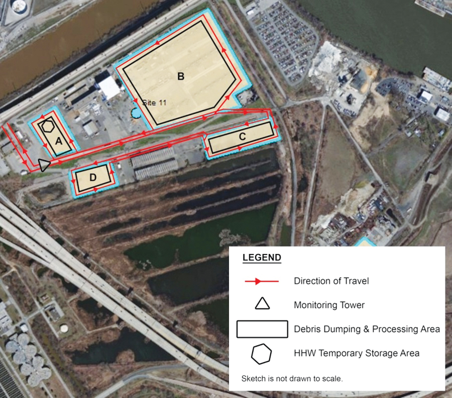 A site sketch on the ArcGIS Online site depicting the location of monitoring towers, dumping areas, and the direction of travel within potential debris management sites. A site sketch on the ArcGIS Online site depicting the location of monitoring towers, dumping areas, and the direction of travel within potential debris management sites.
