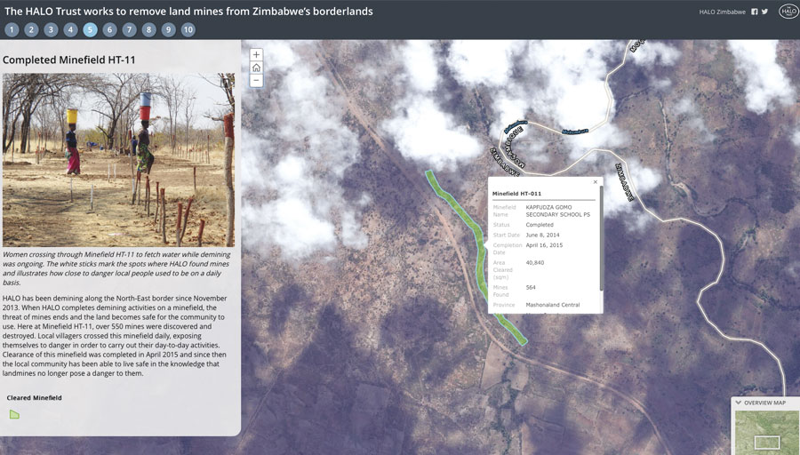 HALO used the bulleted layout of Story Map Series to give viewers an idea of how close to minefields some local Zimbabwean populations live and work. HALO used the bulleted layout of Story Map Series to give viewers an idea of how close to minefields some local Zimbabwean populations live and work.