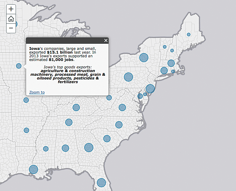 The White House social media team uses Esri Story Map apps to explain complex policy issues, such as how American exports impact each state.