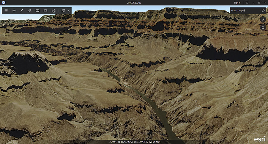 3D terrain views, like this one of the Grand Canyon, are available by default in ArcGIS Earth.