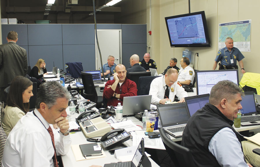 The bomb squad used the maps displayed in the Tactical Operations Room to identify the locations of suspicious or unattended packages. Photo courtesy of the Massachusetts Emergency Management Agency.