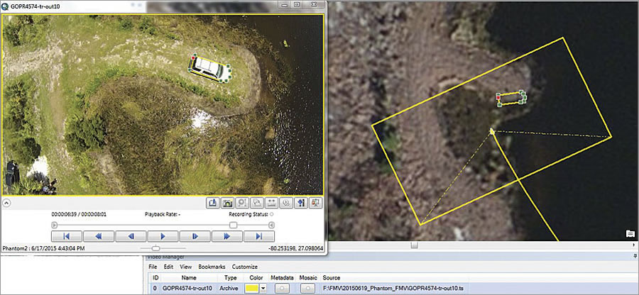 Users can trace objects in a video, such as this SUV, so they appear as polygons in ArcGIS for Desktop (as on the right). Using the yellow field of view bounding box, users gain a better understanding of the geographic scale of their videos.