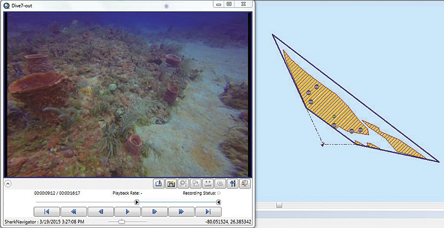 In this full motion video, playing in ArcGIS 10.3.1 for Desktop, the field of view of the camera is shown by the dark blue trapezoid on the right. Users can click inside the video to digitize species and habitat types, which appear as points in the screen on the right.