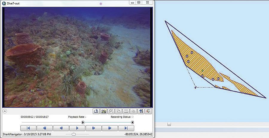 In this full motion video, playing in ArcGIS 10.3.1 for Desktop, the field of view of the camera is shown by the dark blue trapezoid on the right. Users can click inside the video to digitize species and habitat types, which appear as points in the screen on the right. In this full motion video, playing in ArcGIS 10.3.1 for Desktop, the field of view of the camera is shown by the dark blue trapezoid on the right. Users can click inside the video to digitize species and habitat types, which appear as points in the screen on the right.