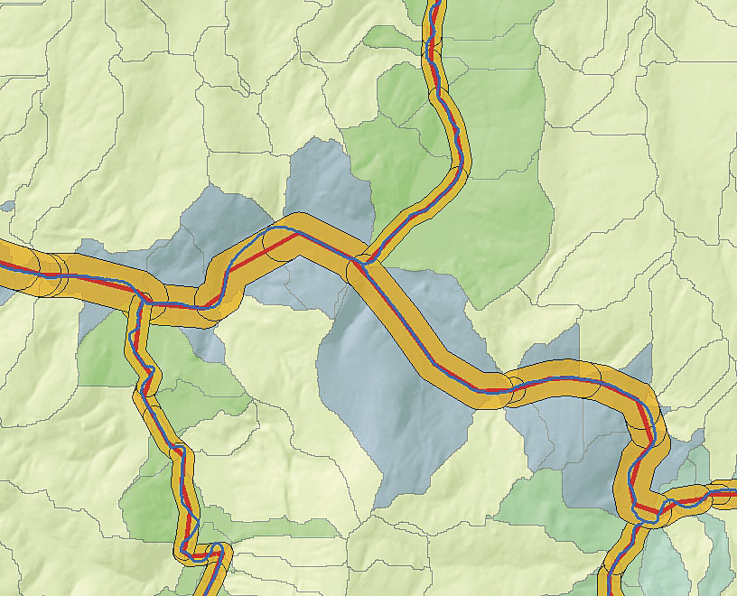 The project team buffered the rivers' meander centerlines to create river corridors. (Image courtesy of Heather Kennedy.)