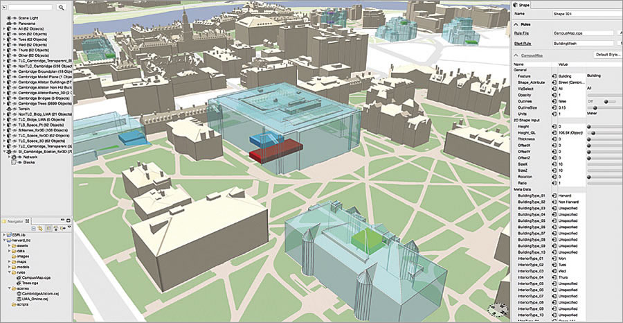 After 3D models from CAD or photogrammetry are prepared, the data is imported and formatted using Esri CityEngine.