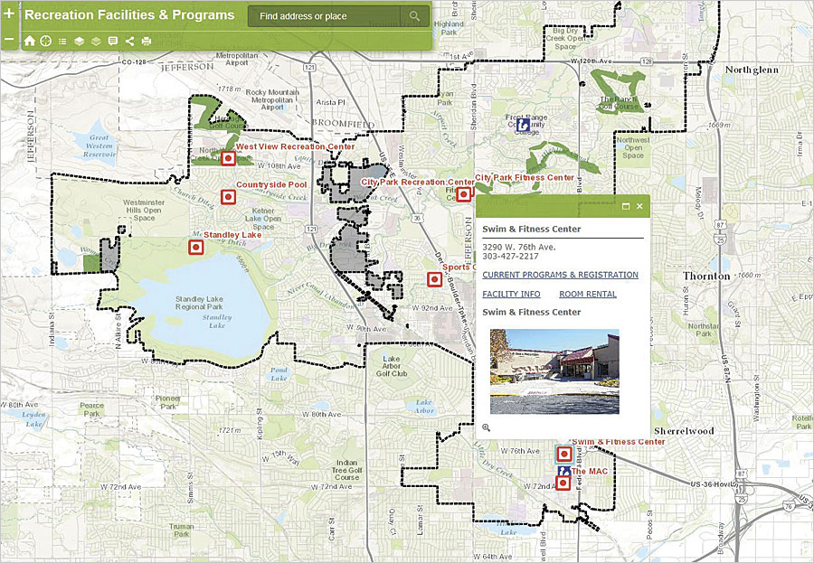 This web map, created using Esri's Web AppBuilder for ArcGIS, shows recreation facilities within the City of Westminster, with pop-up hyperlinks to program and activity lists.