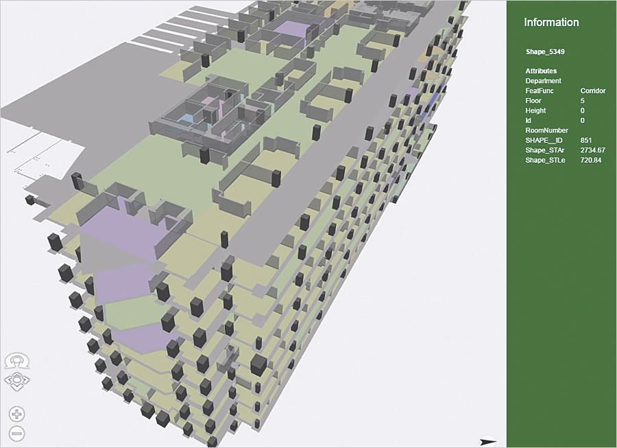 A 3D model of the interior of the Fulton County government center shows general locations in the buildings and includes two-way links to a very specific 2D floor plan map.