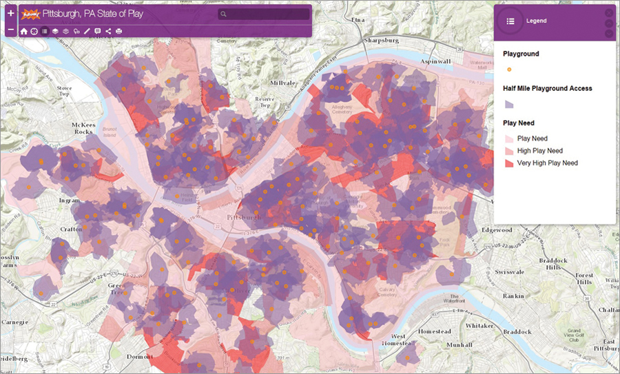 Play deserts in Pittsburgh, Pennsylvania, are shown as dark red areas that represent high concentrations of low-income children who are not within walking distance to a play opportunity.