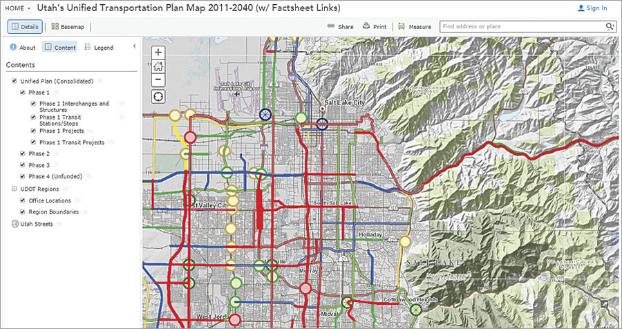 A web map in UPLAN displays phase-based, long-term plans for Utah's roads and highways.