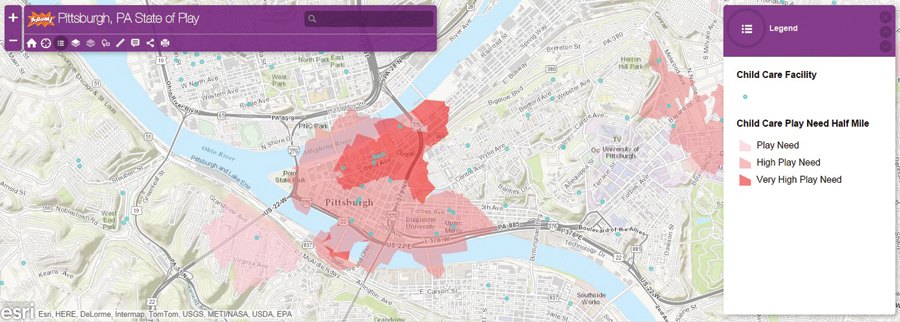 A child care facility study in Pittsburgh, Pennsylvania, identified areas with high capacity child care facilities that were not within walking distance of a play space. A child care facility study in Pittsburgh, Pennsylvania, identified areas with high capacity child care facilities that were not within walking distance of a play space.