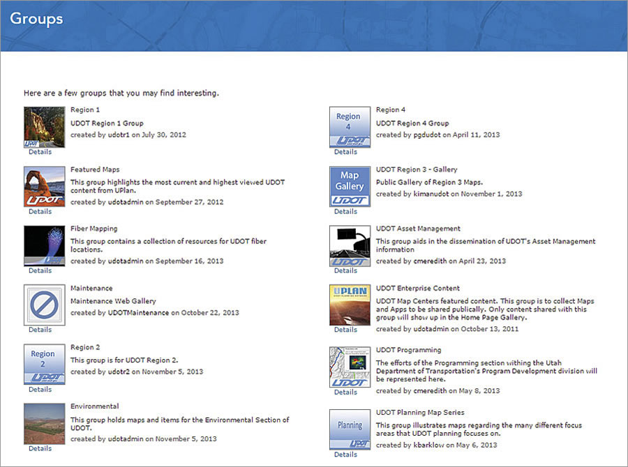 Maps are organized in UPLAN using groups, such as UDOT Asset Management and UDOT Enterprise Content.