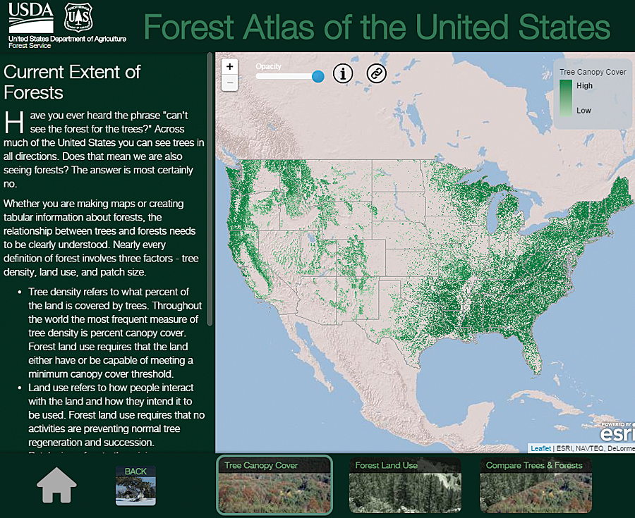 This 30-meter digital data of tree canopy cover has superseded William H. Brewer's map of woodland density from 1873.