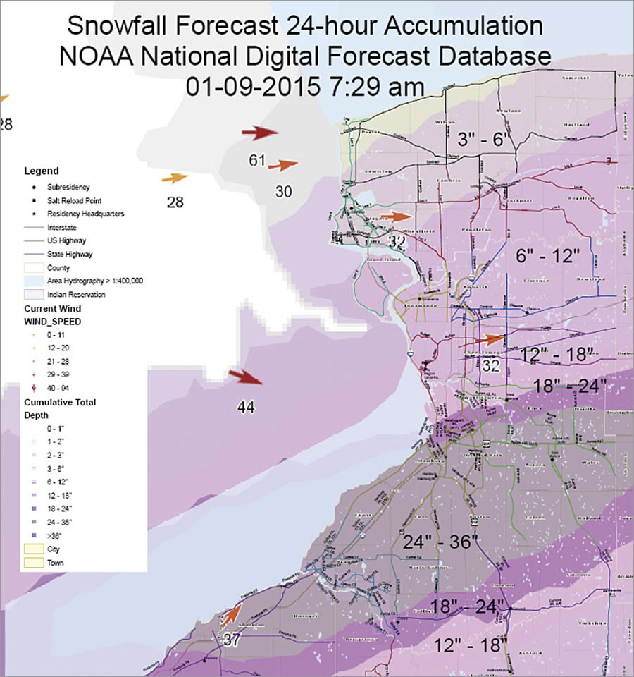 Cumulative snowfall maps show projected cumulative snowfall, wind direction and speed, maintenance areas, and plow routes.