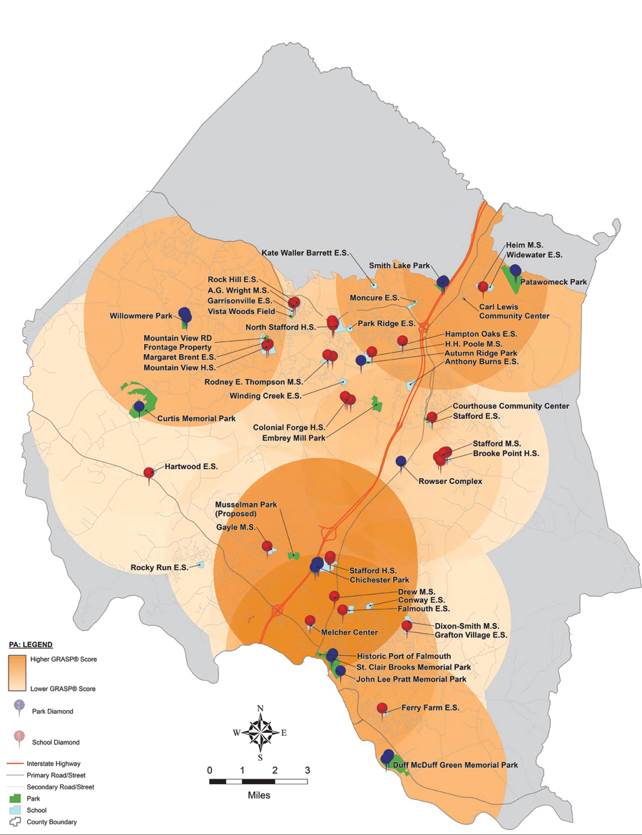 To produce level-of-service values for any location within the county, scores were assigned to a buffer around each ball field. A heat map was created showing the cumulative value of all ball fields within three miles of any location in the study area.