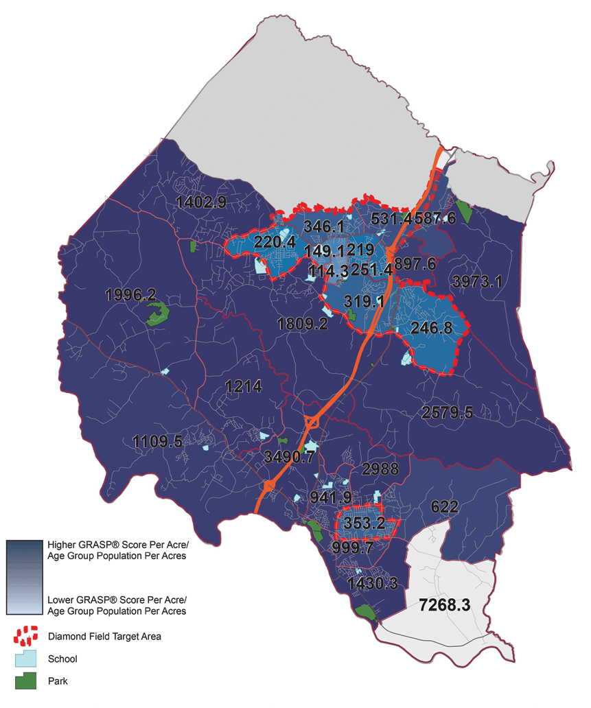 By combining demographic data with ball field locations and scoring data, target areas where field improvements or additional fields are most needed were isolated. These areas are indicated by dashed red outlines. By combining demographic data with ball field locations and scoring data, target areas where field improvements or additional fields are most needed were isolated. These areas are indicated by dashed red outlines.