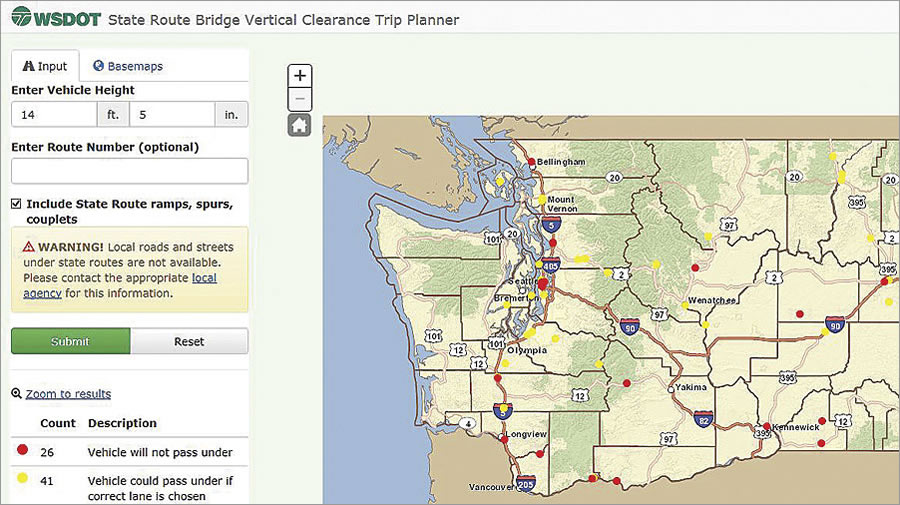 The Bridge Vertical Clearance Trip Planner allows truck operators to easily see which crossings should be avoided.