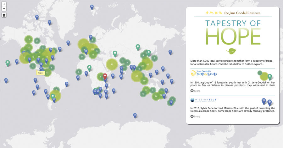 The Tapestry of Hope, a customized Esri Story Map, pinpoints youth-focused projects on a world map.